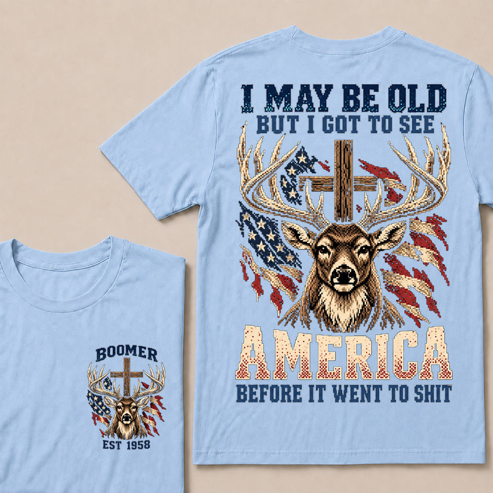 Retro Pixel Buck Deer & Cross T-Shirt | Patriotic Hunting "I May Be Old" Graphic Tee