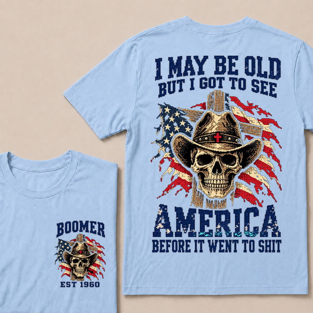 Vintage Western Cowboy Skull T-Shirt | Cross Hat & American Flag "I May Be Old" Graphic Tee