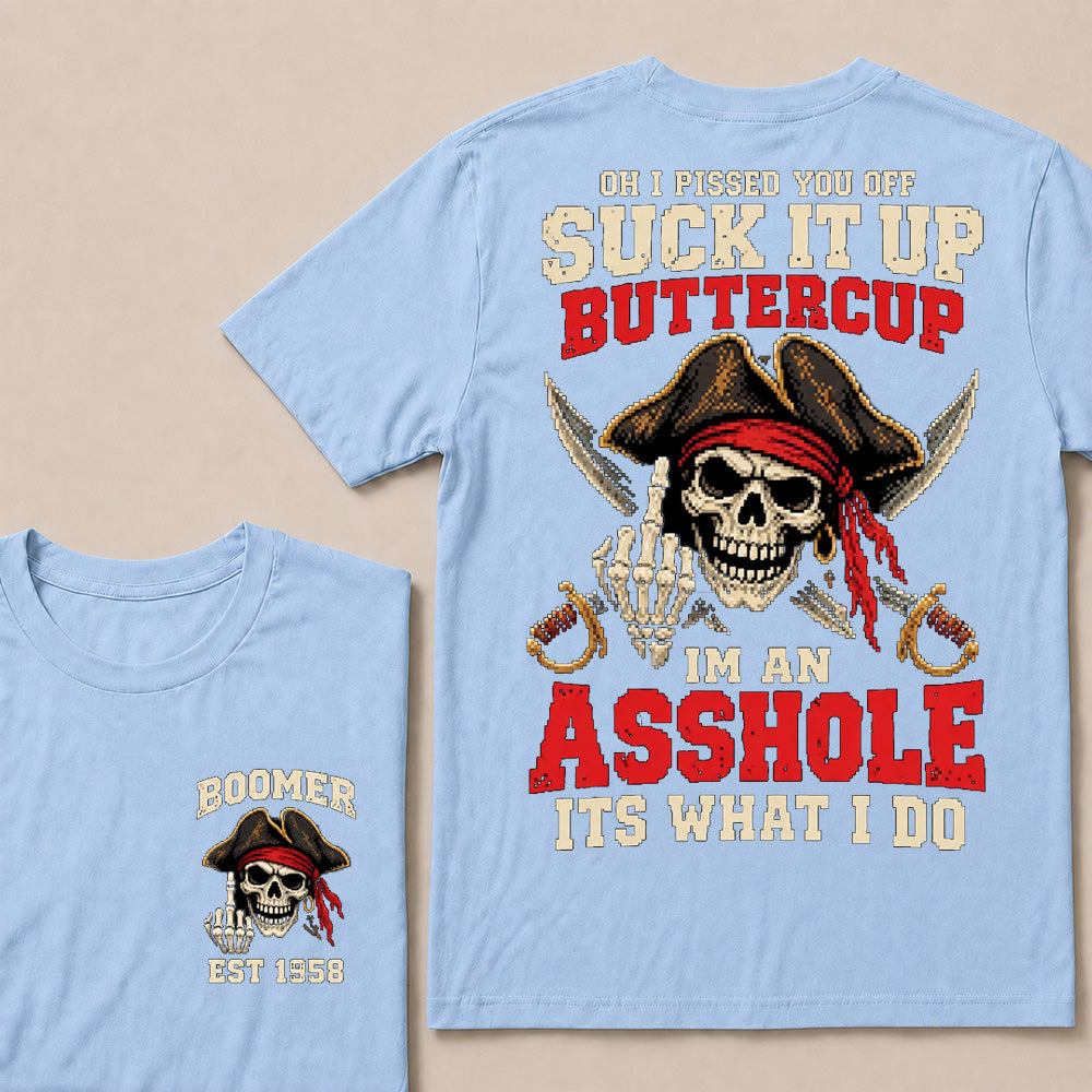 Retro Pixel Pirate Skull T-Shirt | Crossed Cutlasses & Red Bandana "Suck It Up" Graphic Tee