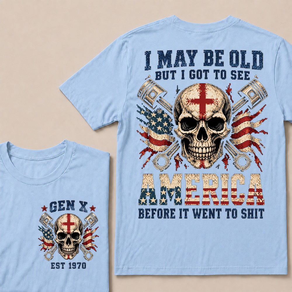 Retro Pixel Crossed Pistons & Skull T-Shirt | Patriotic Biker "I May Be Old" Graphic Tee