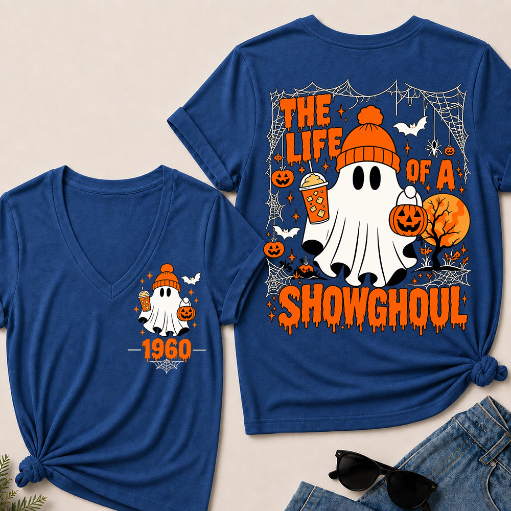 The Life of a Showghoul – Custom Birth Year Halloween Ghost & Pumpkin Women’s V-Neck T-Shirt