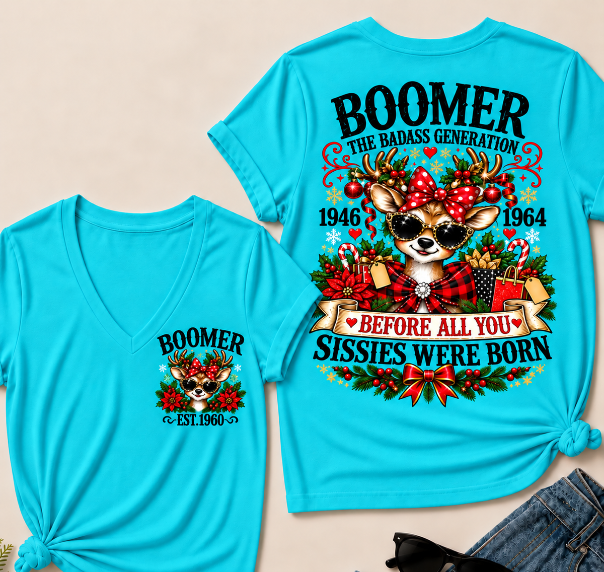 Boomer The Badass Generation – Christmas Reindeer Women's V-Neck T-Shirt