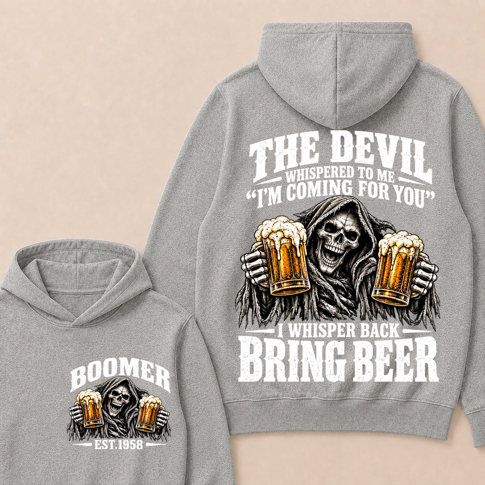 The Devil Whispered To Me I'm Coming For You I Whisper Back Bring Beer EST.Year Vintage Skull Beer Graphic Hoodie