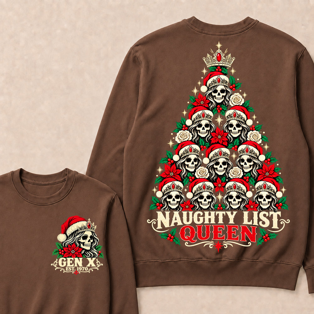 Naughty List Queen β Gen X Custom EST. Year Skeleton Queen Christmas Tree Sweatshirt