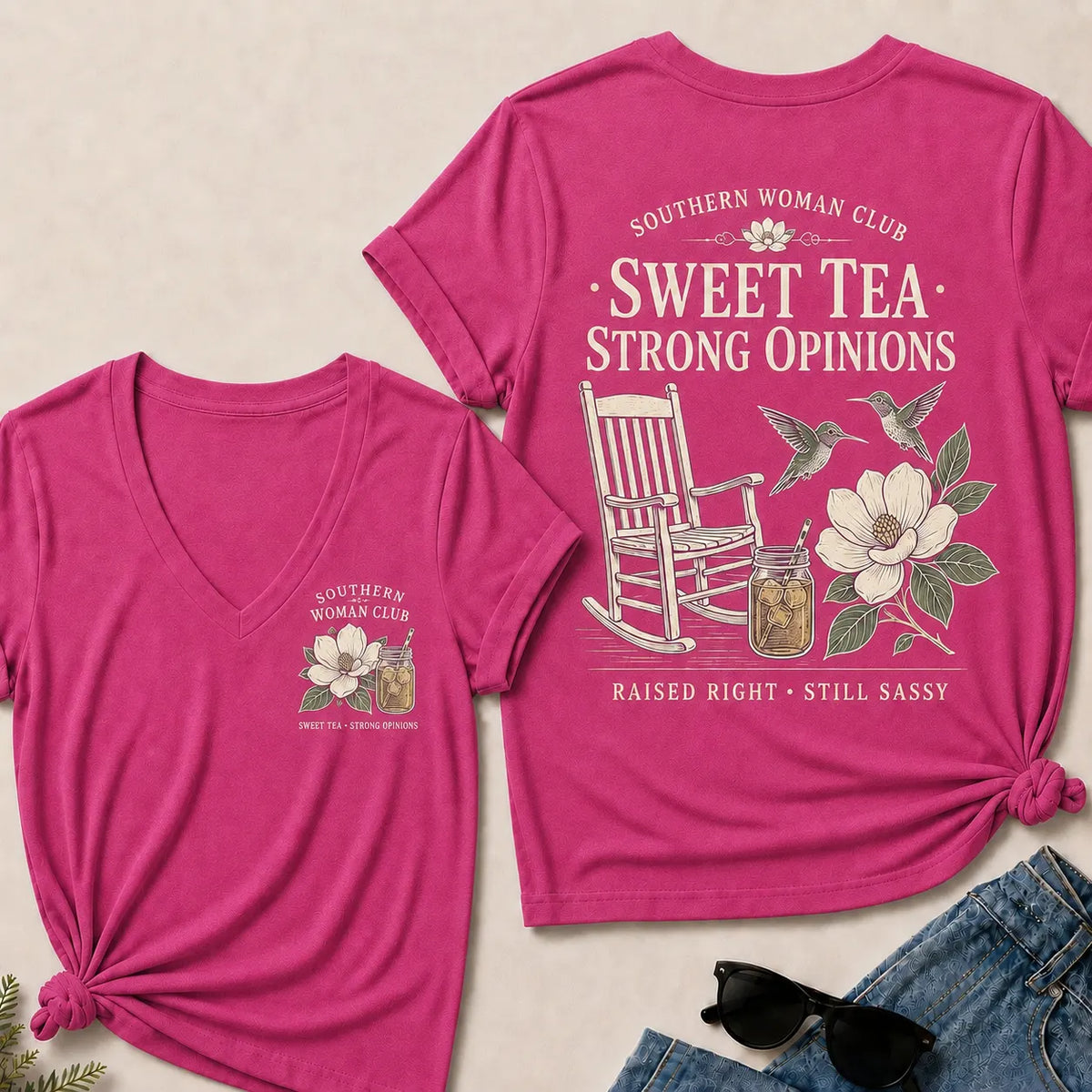 Southern Woman Club Sweet Tea Strong Opinions V-Neck T-shirts– Vintage Magnolia Graphic V-Neck T-shirts For Southern Women