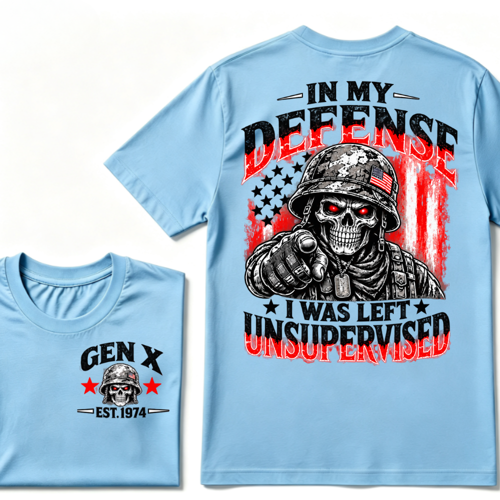 Gen X EST.Year In My Defense I Was Left Unsupervised Soldier Skull American Flag Graphic T-Shirt