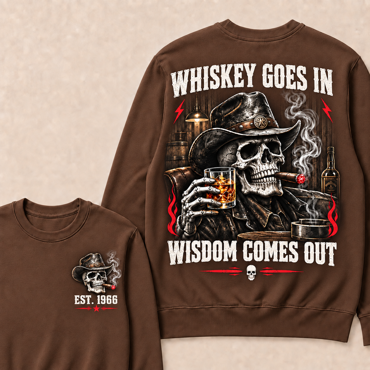 "Whiskey Goes In, Wisdom Comes Out" – Cowboy Skull Graphic Sweatshirt