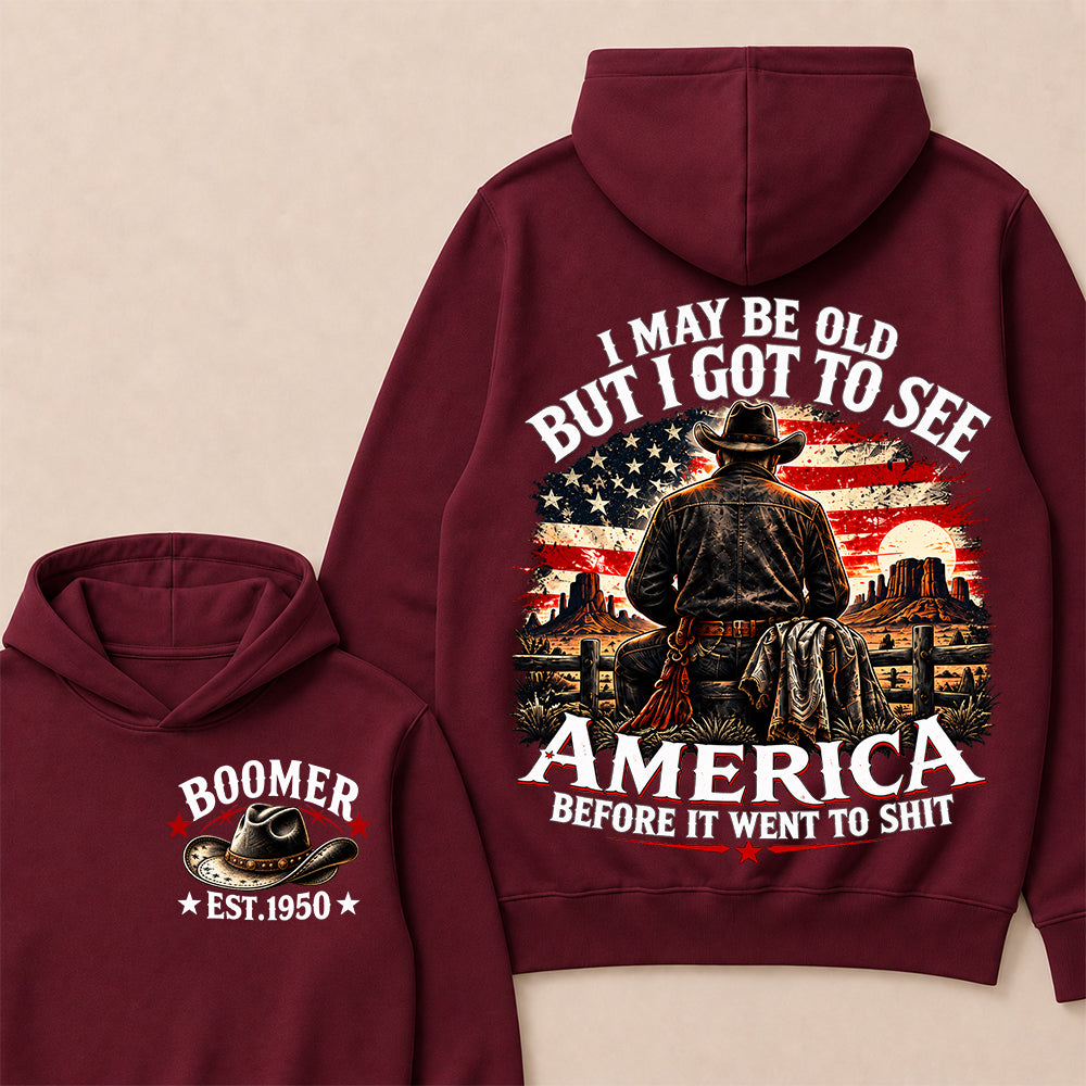 Boomer Custom Year Hoodie, Vintage Western Cowboy Graphic Tee, "I May Be Old But I Got To See America" Back Print