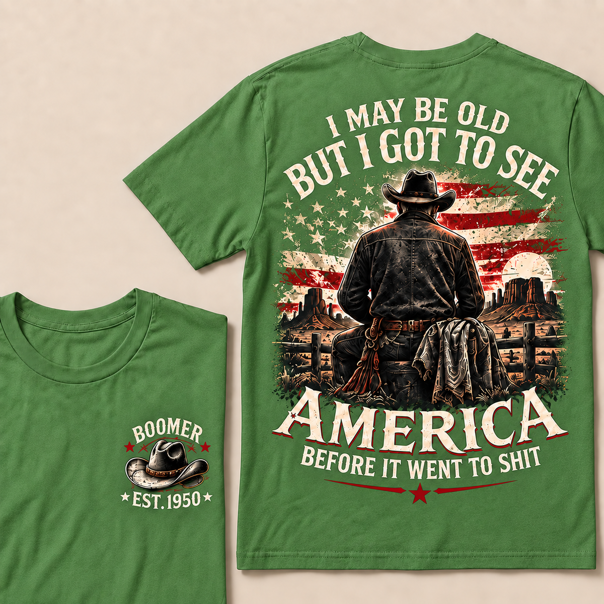 Boomer Custom Year T-Shirt, Vintage Western Cowboy Graphic Tee, "I May Be Old But I Got To See America" Back Print
