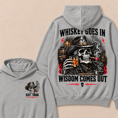 "Whiskey Goes In, Wisdom Comes Out"–Custom EST.Year Cowboy Skull & Cigar Hoodie