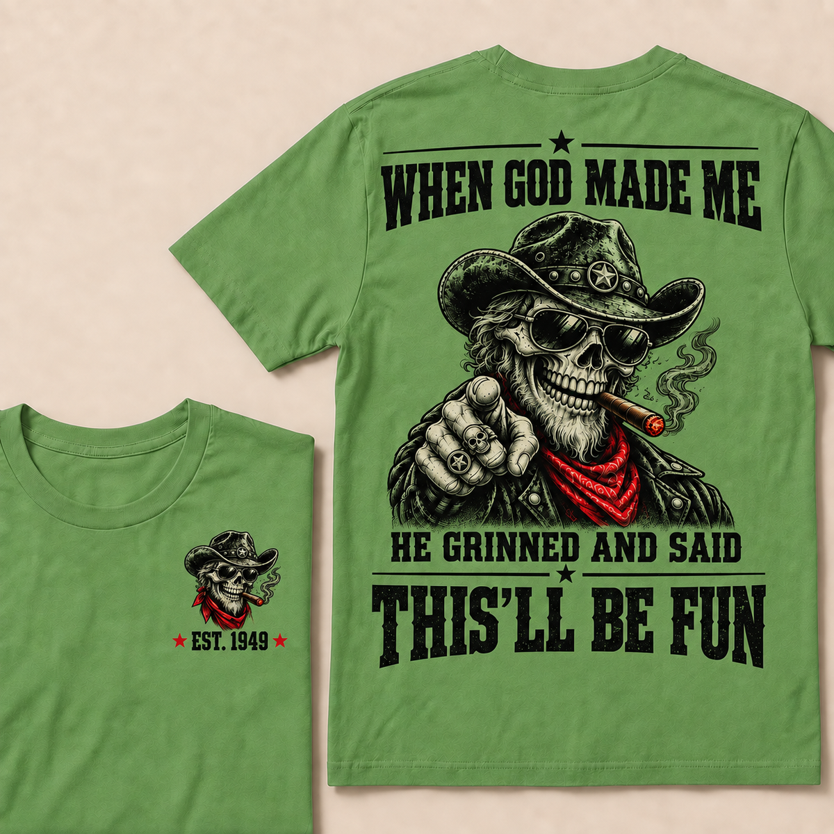 When God Made Me He Grinned And Said This'll Be Fun T-Shirt, EST 1949 Western Cowboy Skull Tee