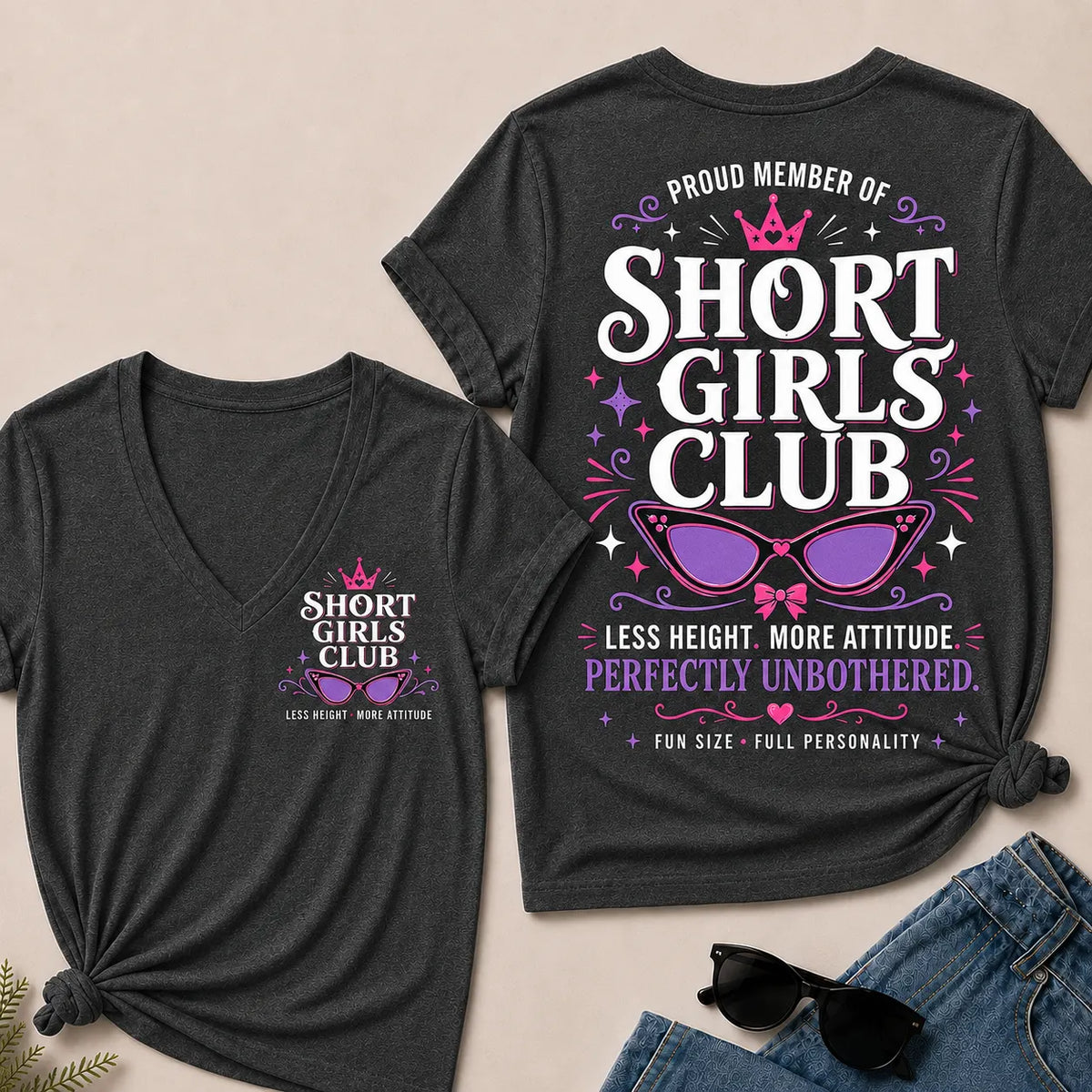 "Short Girls Club – Less Height, More Attitude" V-Neck Tee | Fun Size, Full Personality