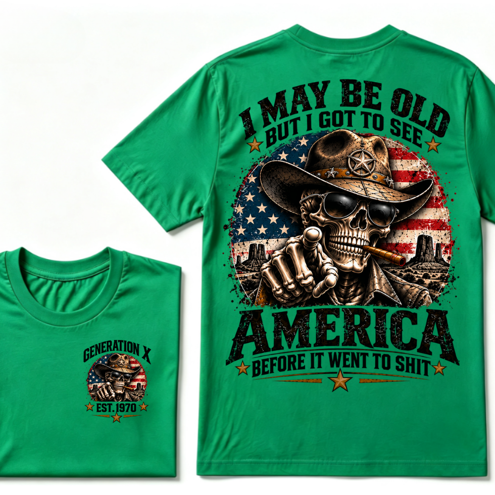 Generation X EST.Year Cowboy Skull American Flag T-Shirt I May Be Old But I Got To See America Vintage Western Patriotic Tee