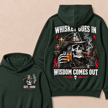 "Whiskey Goes In, Wisdom Comes Out"–Custom EST.Year Cowboy Skull & Cigar Hoodie