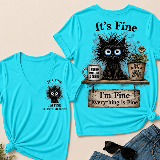 "It's Fine, I'm Fine, Everything Is Fine" Black Cat V-Neck T-Shirt | Caffeine & Denial Tee