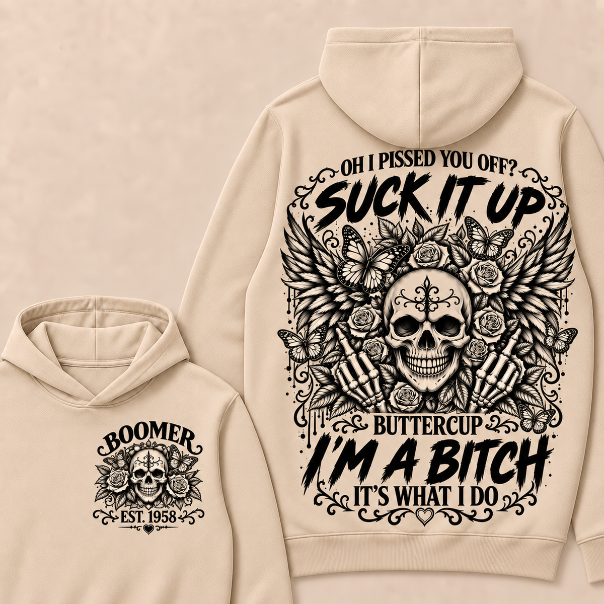 Custom Year Boomer Suck It Up Buttercup Skull Graphic Hoodie