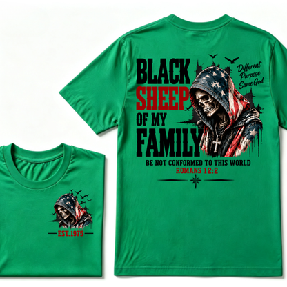 Black Sheep Of My Family Romans 12:2 EST.Year American Flag Skull Print T‑Shirt Christian Faith Vintage Graphic Tee