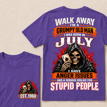Walk Away I’m a Grumpy Old Man Born in July with Anger Issues and a Serious Dislike for Stupid People – Custom EST.Year Hooded Skull T-Shirt