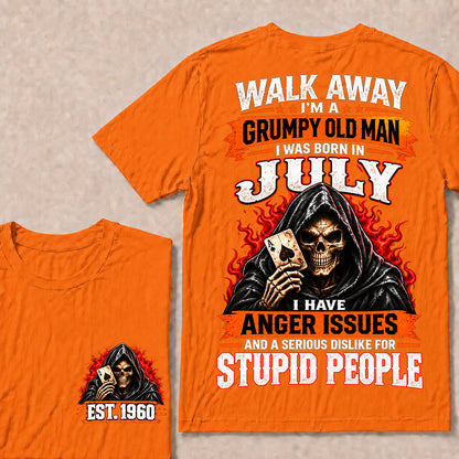 Walk Away I’m a Grumpy Old Man Born in July with Anger Issues and a Serious Dislike for Stupid People – Custom EST.Year Hooded Skull T-Shirt