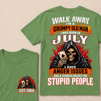 Walk Away I’m a Grumpy Old Man Born in July with Anger Issues and a Serious Dislike for Stupid People – Custom EST.Year Hooded Skull T-Shirt