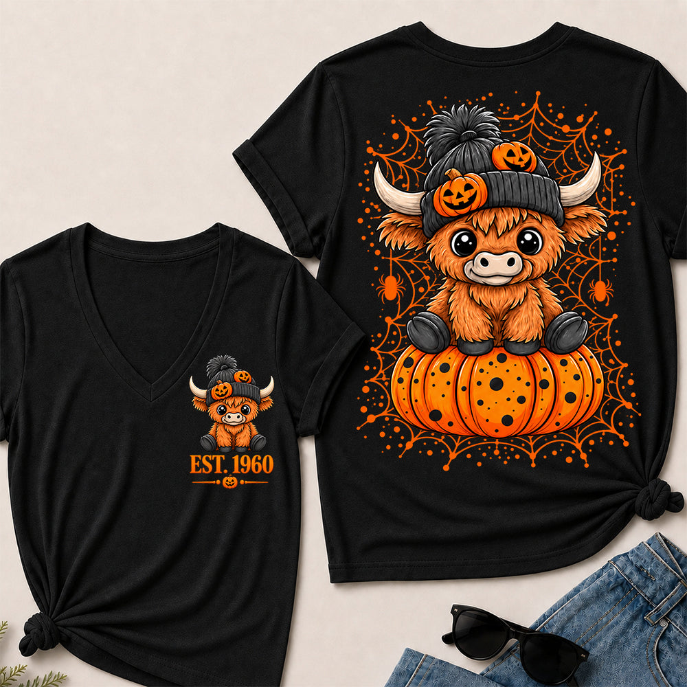 Custom EST.Year Cute Halloween Highland Cow & Pumpkin Women’s V-Neck T-Shirt