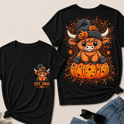 Custom EST.Year Cute Halloween Highland Cow & Pumpkin Women’s V-Neck T-Shirt