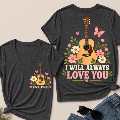 I Will Always Love You – Custom EST.Year Floral Acoustic Guitar Women’s V-Neck T-Shirt