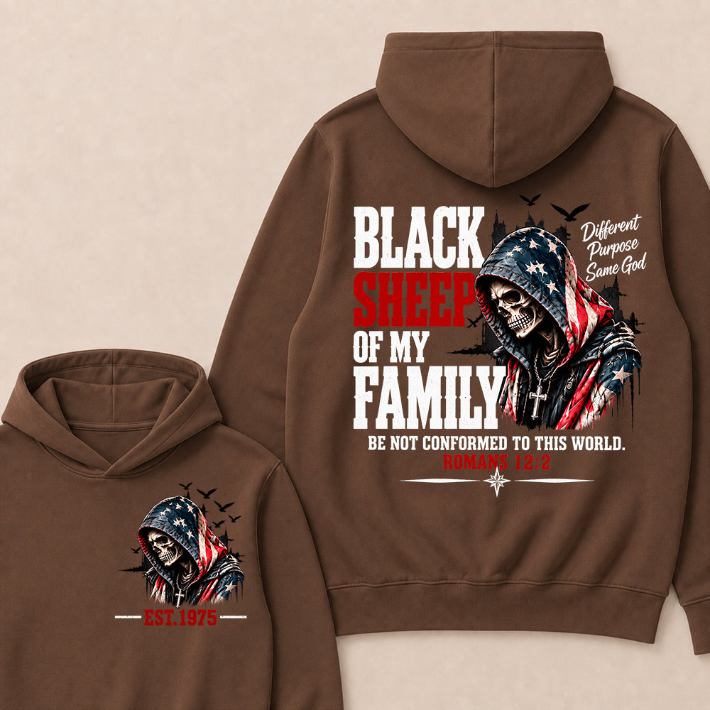 "Black Sheep Of My Family" – Romans 12:2 Christian Skull Hoodie, Different Purpose Same God Graphic Sweatshirt, Patriotic Faith Apparel
