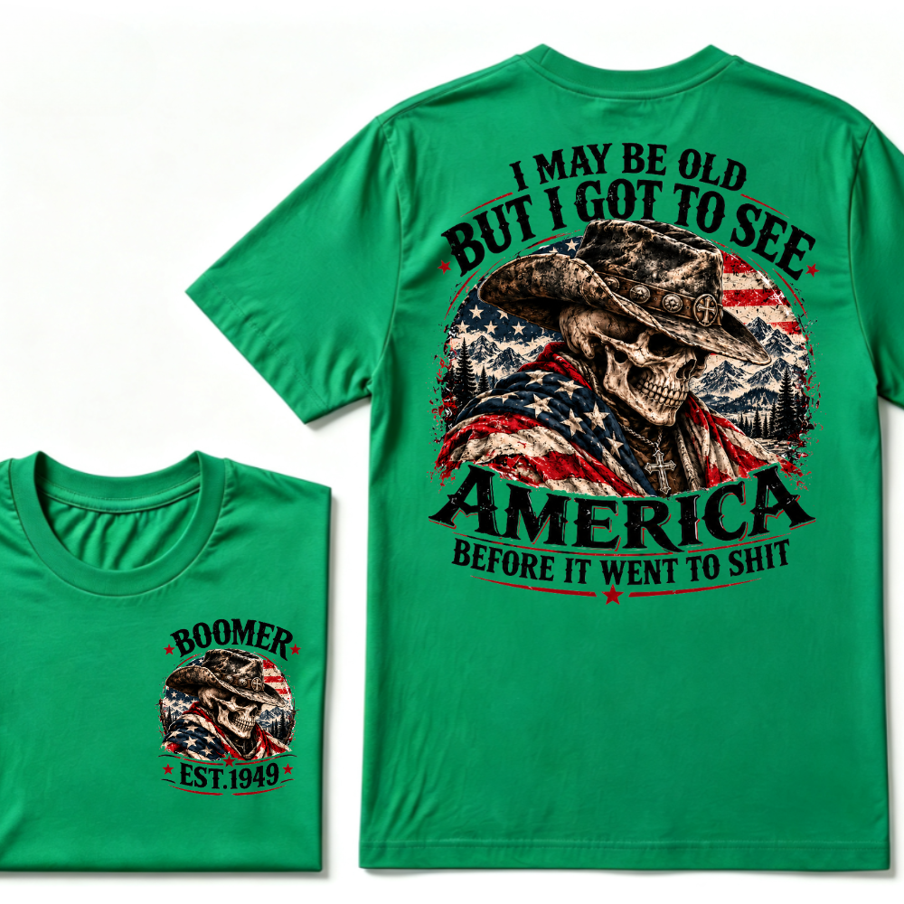 Boomer EST.Year Cowboy Skull American Flag I May Be Old But I Got To See America Vintage Graphic T-Shirt