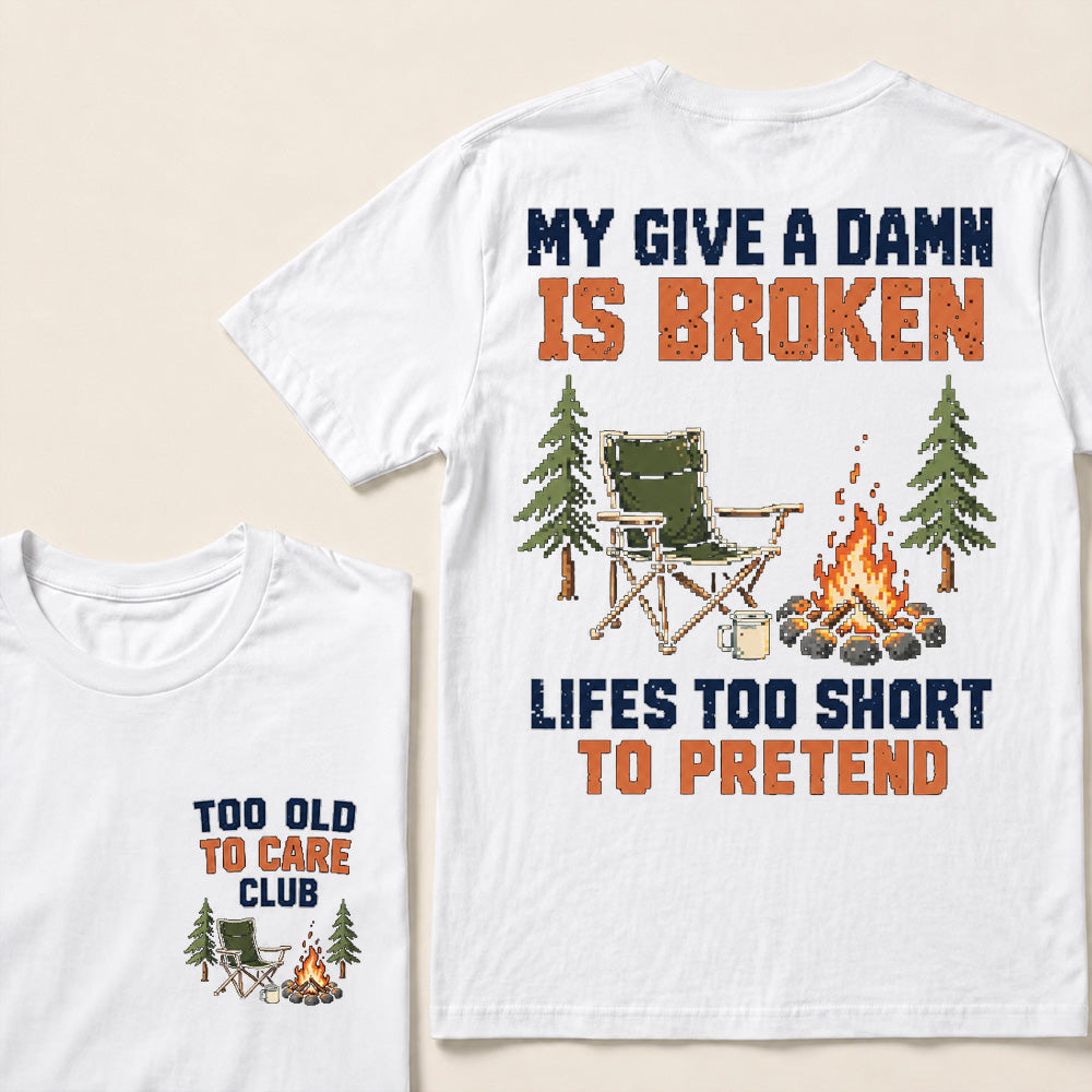 Retro Pixel Campfire & Chair T-Shirt | "My Give A Damn Is Broken" Funny Camping Tee
