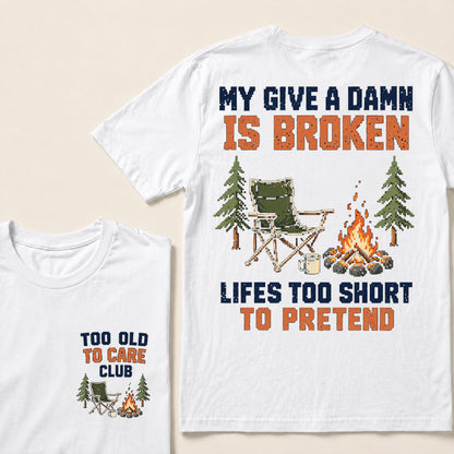 Retro Pixel Campfire & Chair T-Shirt | "My Give A Damn Is Broken" Funny Camping Tee
