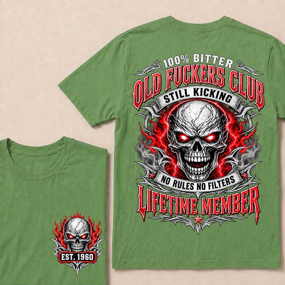 100% Bitter Old Fuckers Club Lifetime Member – Custom EST.Year Red-Eyed Skull Graphic T-Shirt