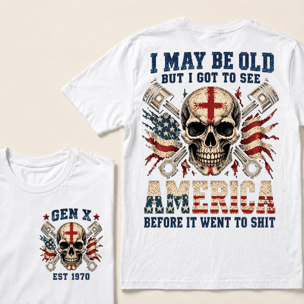 Retro Pixel Crossed Pistons & Skull T-Shirt | Patriotic Biker "I May Be Old" Graphic Tee