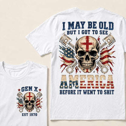 Retro Pixel Crossed Pistons & Skull T-Shirt | Patriotic Biker "I May Be Old" Graphic Tee