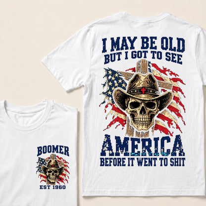 Vintage Western Cowboy Skull T-Shirt | Cross Hat & American Flag "I May Be Old" Graphic Tee