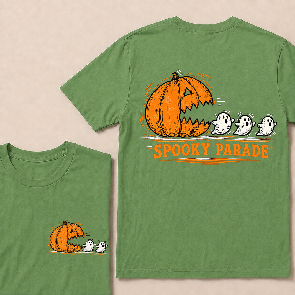 Spooky Parade – Vintage Halloween Pumpkin & Ghosts Graphic T-Shirt