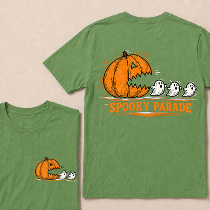 Spooky Parade – Vintage Halloween Pumpkin & Ghosts Graphic T-Shirt