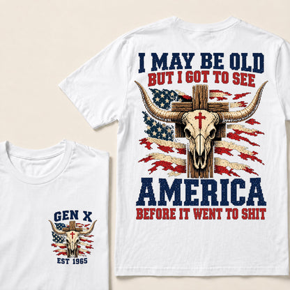 Retro Western Cow Skull & Cross Tee | Distressed American Flag Patriotic Graphic T-Shirt