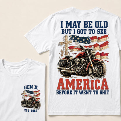 Vintage American Motorcycle & Cross T-Shirt | Patriotic Biker "I May Be Old" Graphic Tee