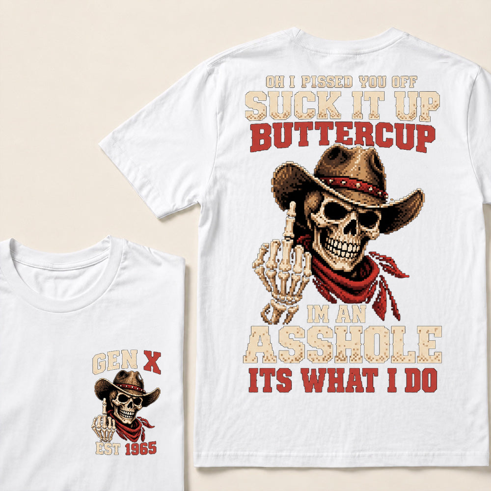Retro Pixel Cowboy Skull Graphic Tee | "Suck It Up Buttercup" Gen X Sarcastic T-Shirt