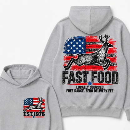 Fast Food Deer Hunting T-Shirt, Locally Sourced Free Range Zero Delivery Fee Vintage American Flag EST.Year Hunter Graphic Hoodie