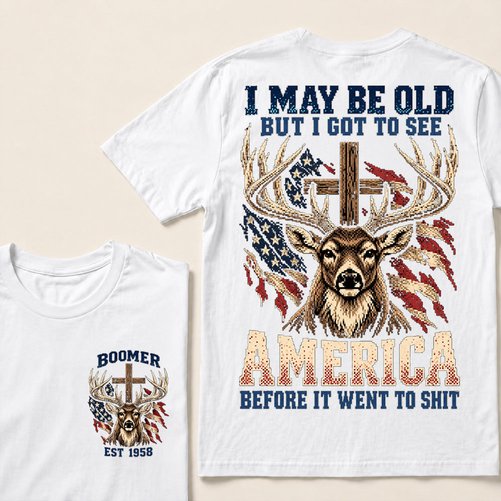 Retro Pixel Buck Deer & Cross T-Shirt | Patriotic Hunting "I May Be Old" Graphic Tee