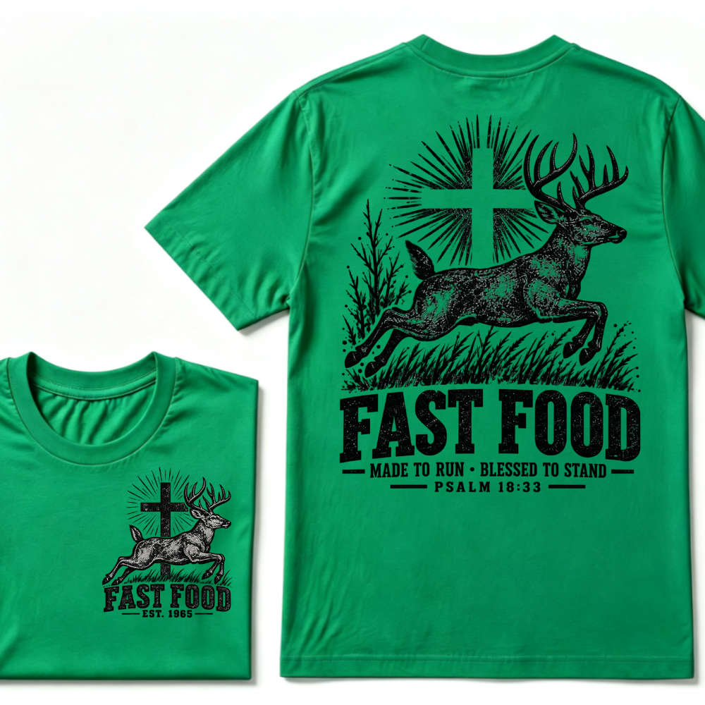 EST.Year Fast Food Made To Run Blessed To Stand Psalm 18:33 Deer Cross Hunting T-Shirt