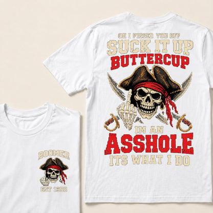 Retro Pixel Pirate Skull T-Shirt | Crossed Cutlasses & Red Bandana "Suck It Up" Graphic Tee
