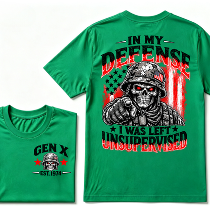 Gen X EST.Year In My Defense I Was Left Unsupervised Soldier Skull American Flag Graphic T-Shirt