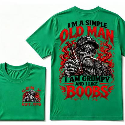 "I'm A Simple Old Man, I Am Grumpy And I Like Boobs" – GEN X EST.1970 Skull & Beer Graphic Tee