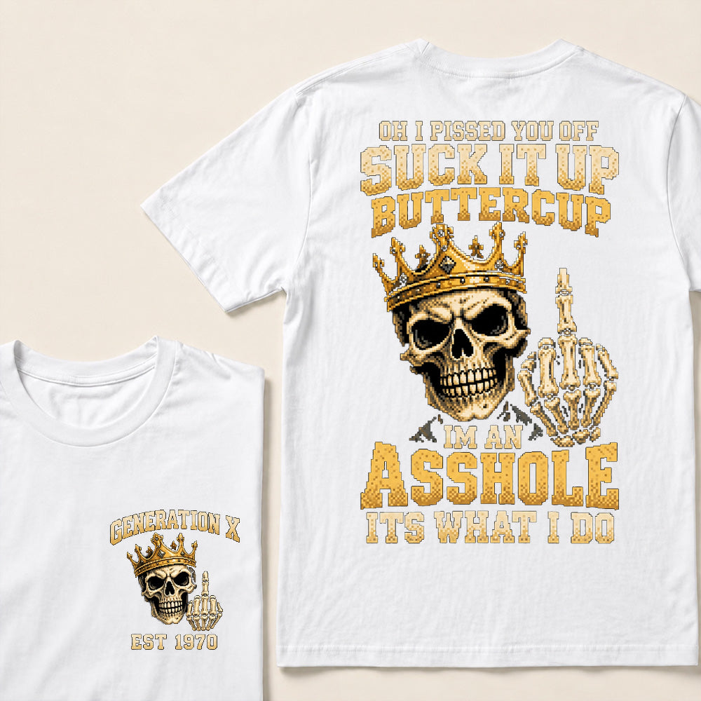 Retro Pixel Gold Crown Skull T-Shirt | "Suck It Up Buttercup" Sarcastic Gen X Tee