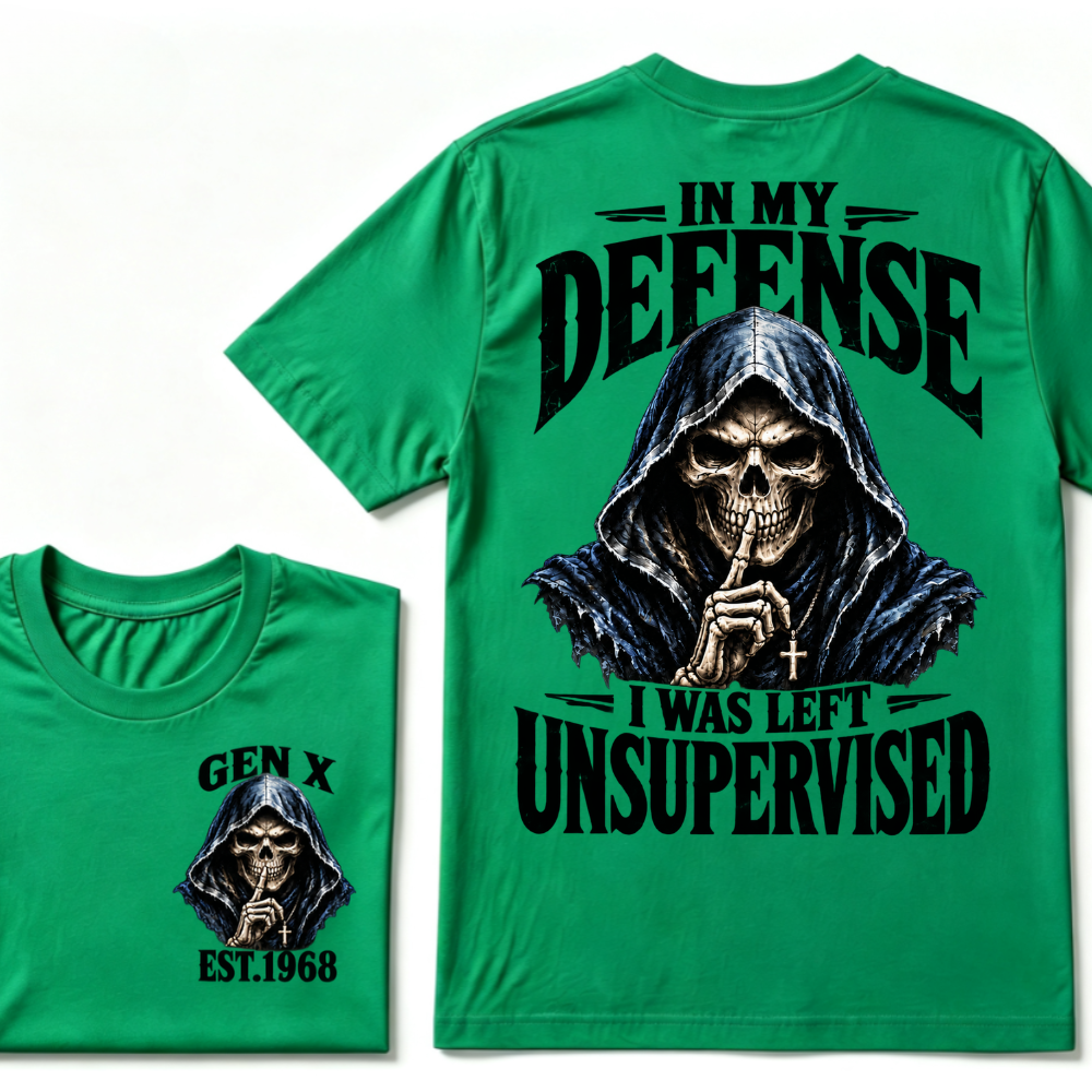 Gen X EST.Year Grim Reaper Skull In My Defense I Was Left Unsupervised Vintage Graphic T-Shirt