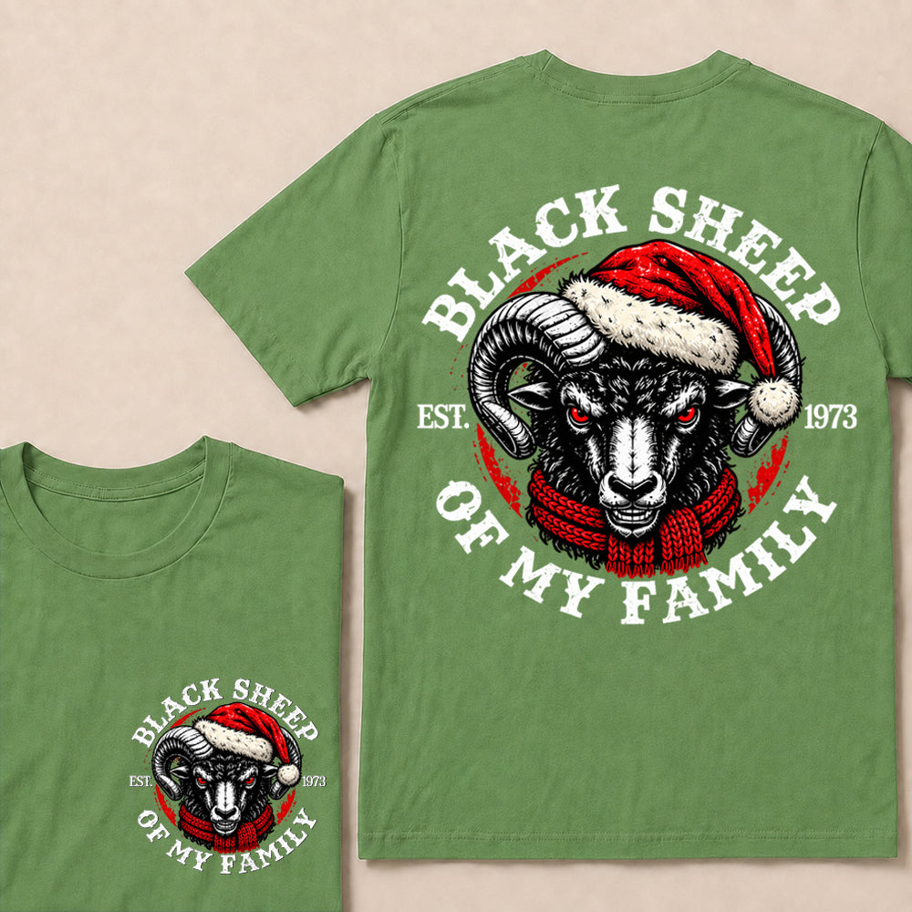 Black Sheep of My Family – Custom EST. Year Christmas Ram & Red Scarf Graphic T-Shirt