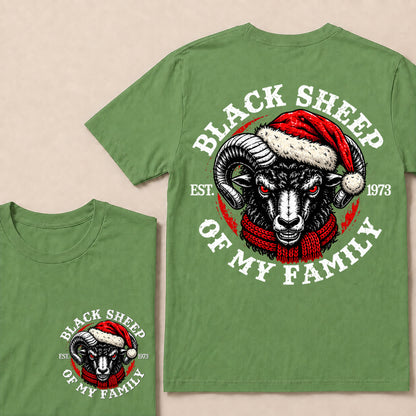 Black Sheep of My Family – Custom EST. Year Christmas Ram & Red Scarf Graphic T-Shirt